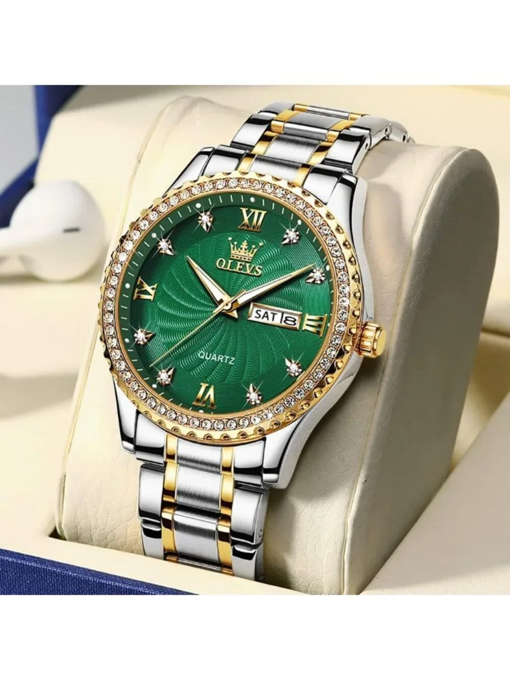 Men's Silver Green Big Dial Analog Quartz Stainless Relojes Waterproof Watch